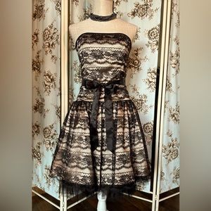 Vintage Gunne Sax Black Lace & Tan Satin Strapless Dress